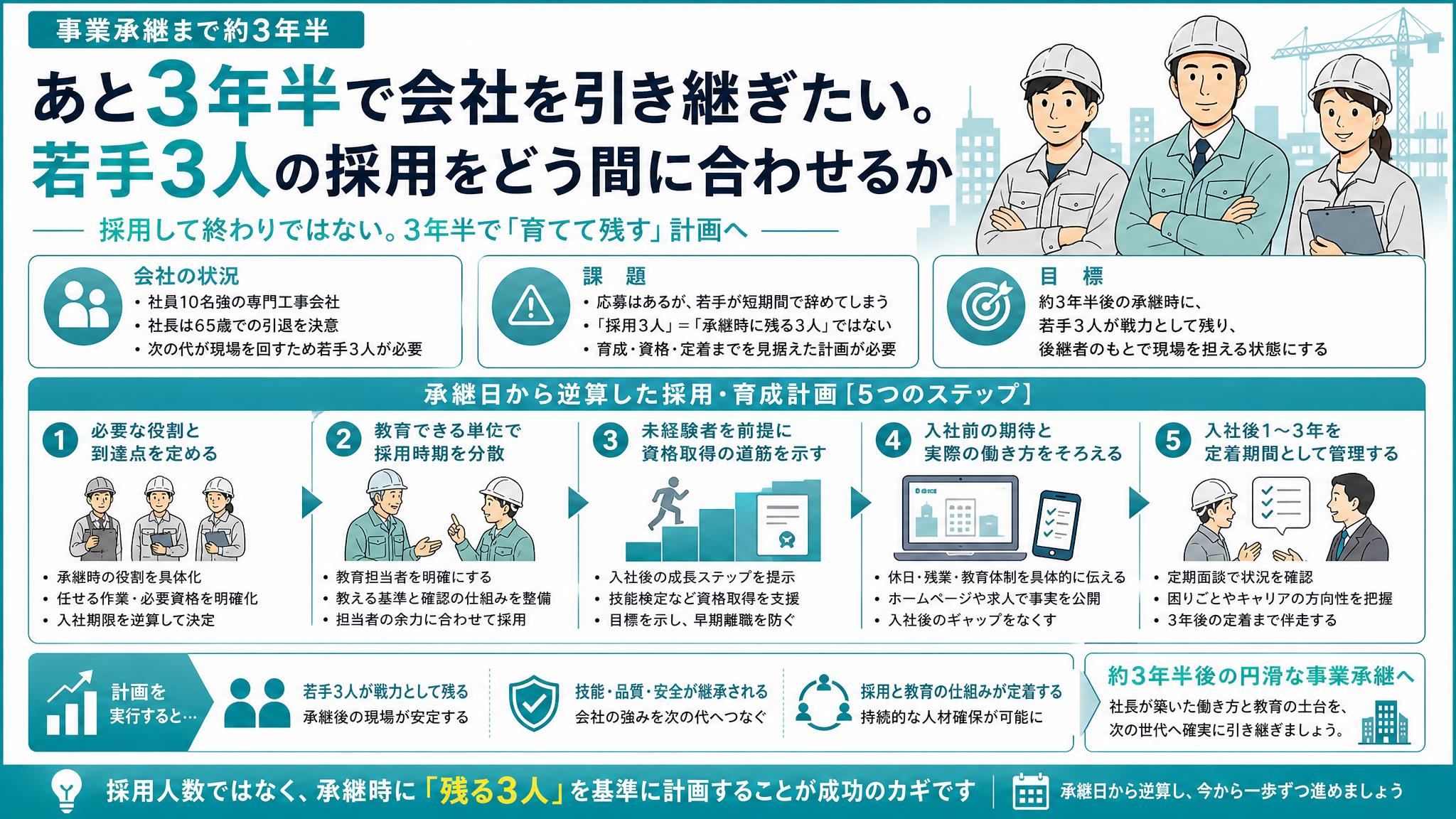 事業承継まで3年半、若手3人をどう残す？専門工事会社の採用・育成逆算