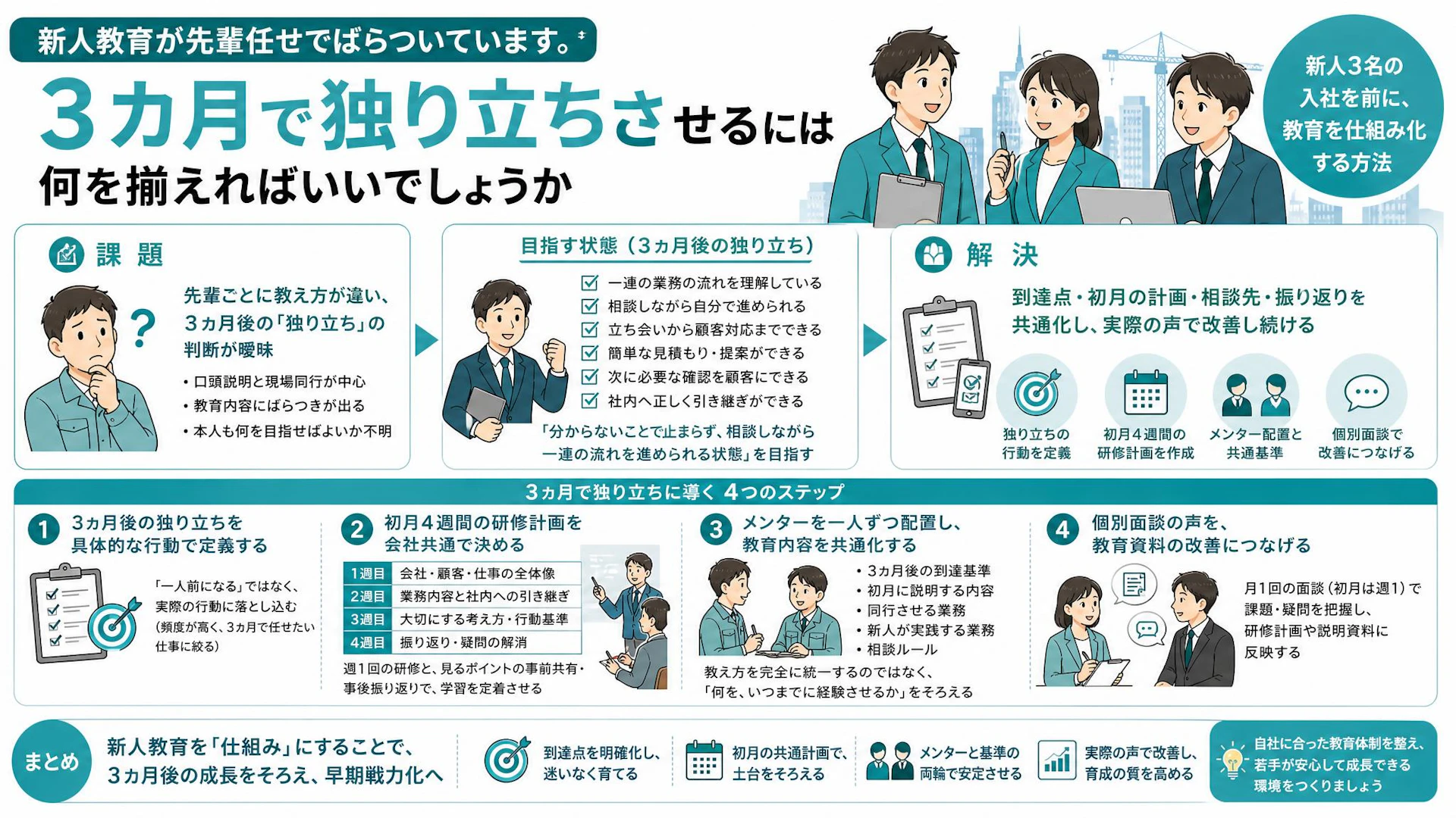 営業新人3名をどう3カ月で独り立ちさせる？20名弱の専門工事会社が見直した先輩任せの教育
