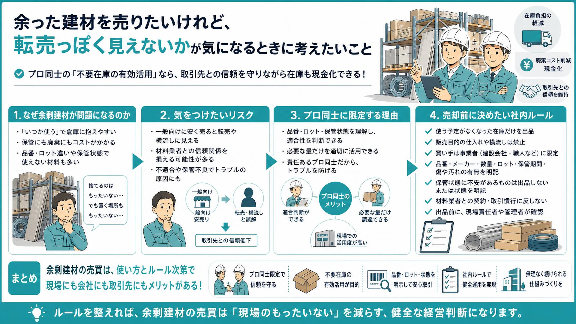 余剰建材を売るなら一般向けNG？材料屋との関係を壊さないプロ同士売買の線引き