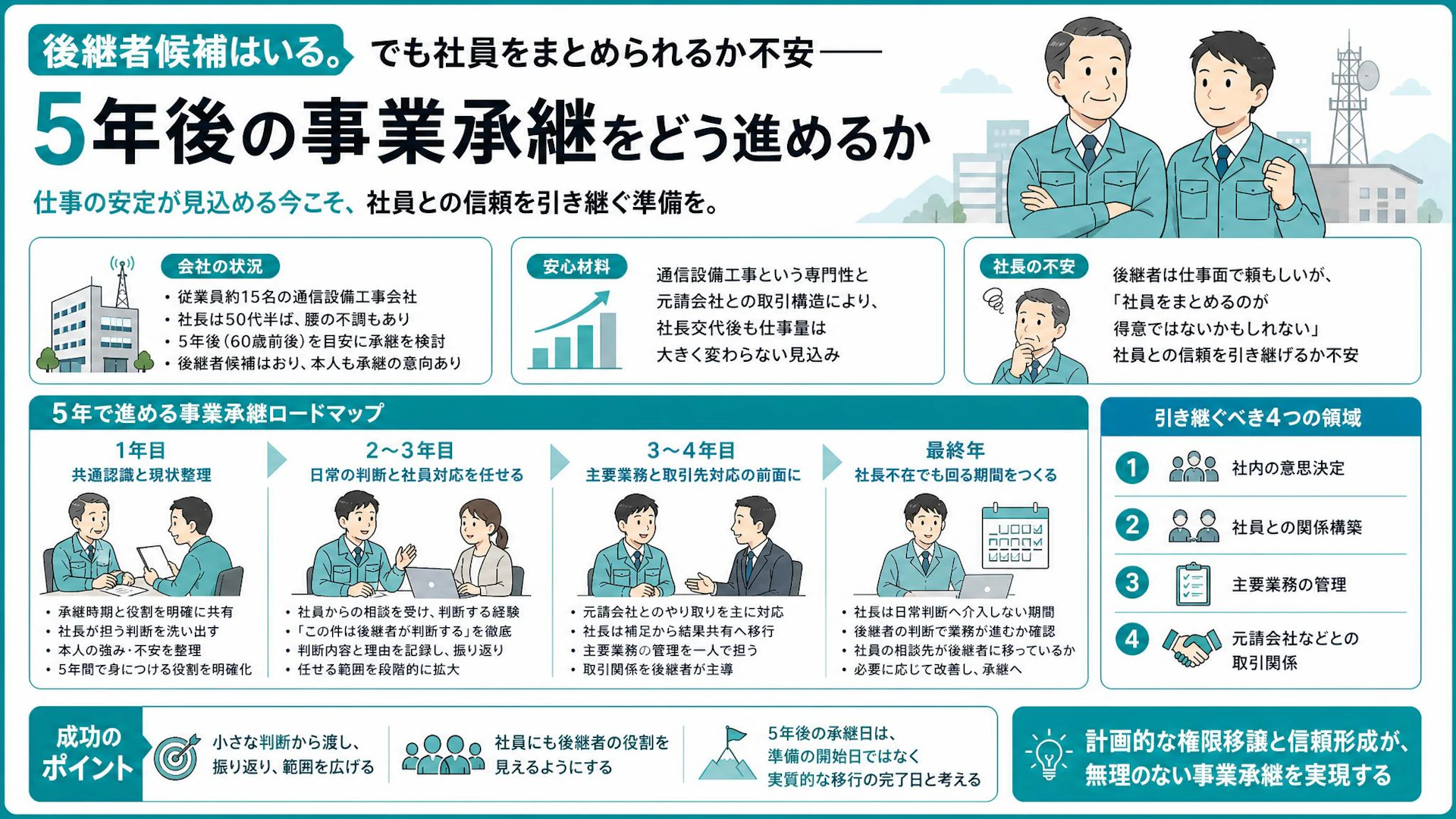 後継者はいるのに進まない事業承継｜15名の通信工事会社が描く5年の権限移譲