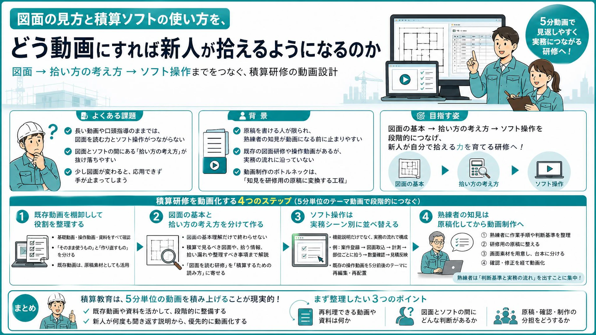 積算ソフト研修が定着しない理由──図面の見方と拾い方を5分動画でつなぐ教育設計