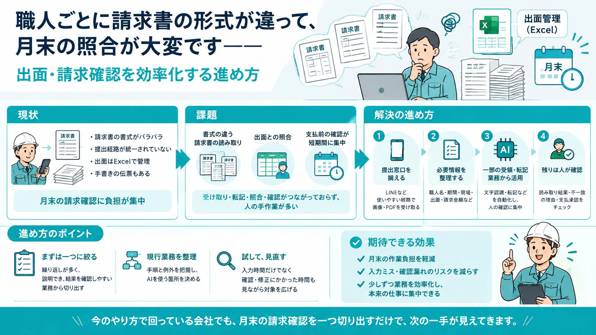 「全員違うフォーマット」の請求書——月末の出面照合を軽くするAI活用の始め方