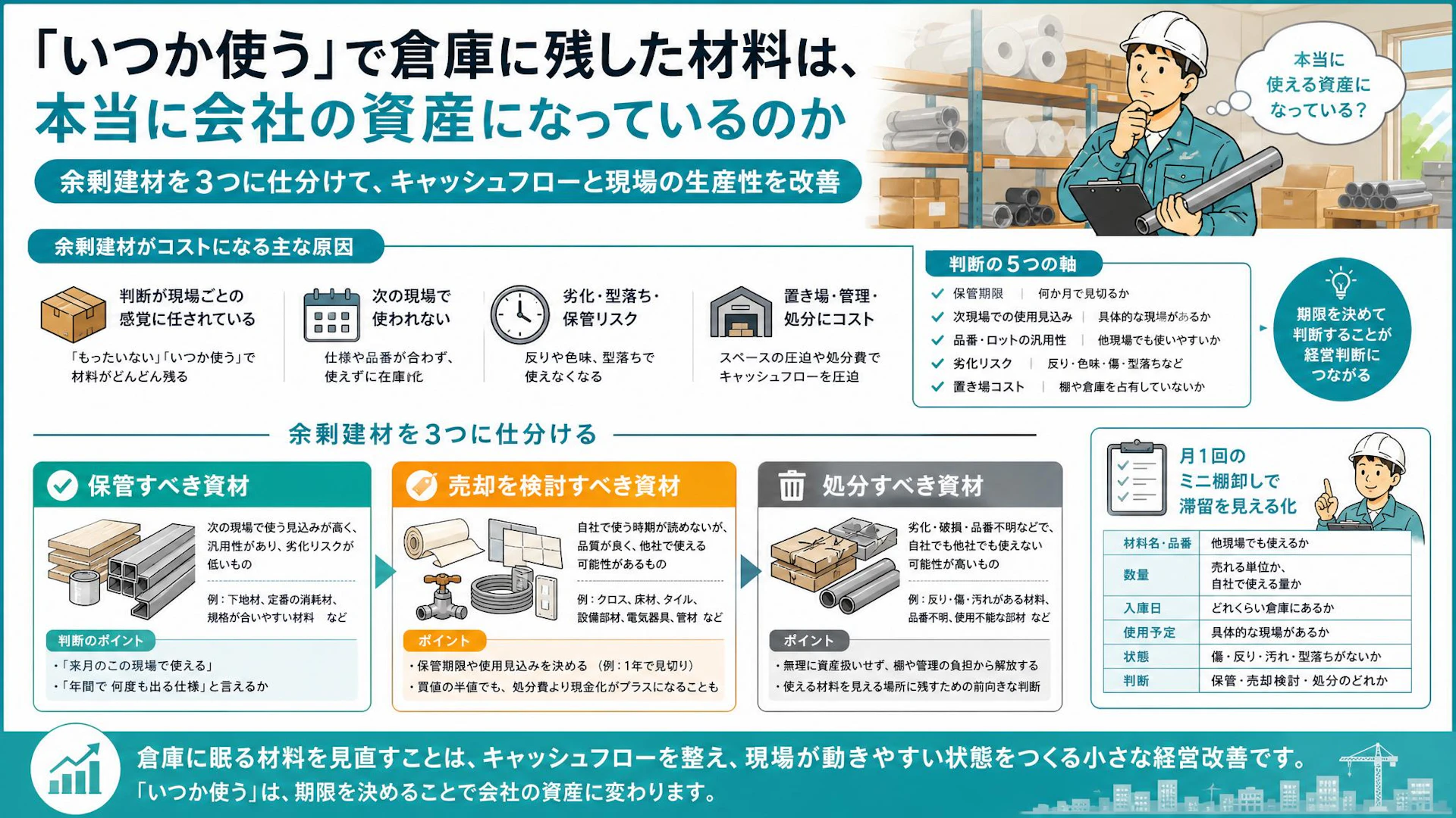 倉庫に眠る余剰建材、「いつか使う」が処分費に変わる前に見る5つの判断軸