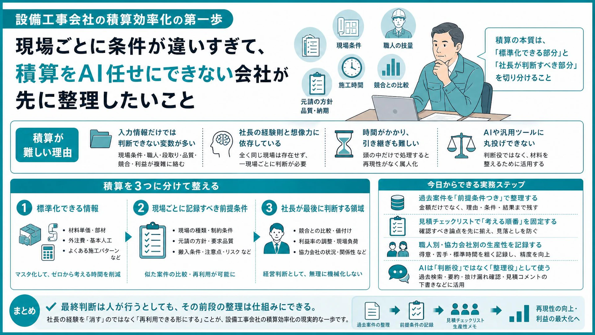 社長が一現場ごとの積算を抱える6名設備工事会社。「AI丸投げ」せず経験則を仕組みにするには