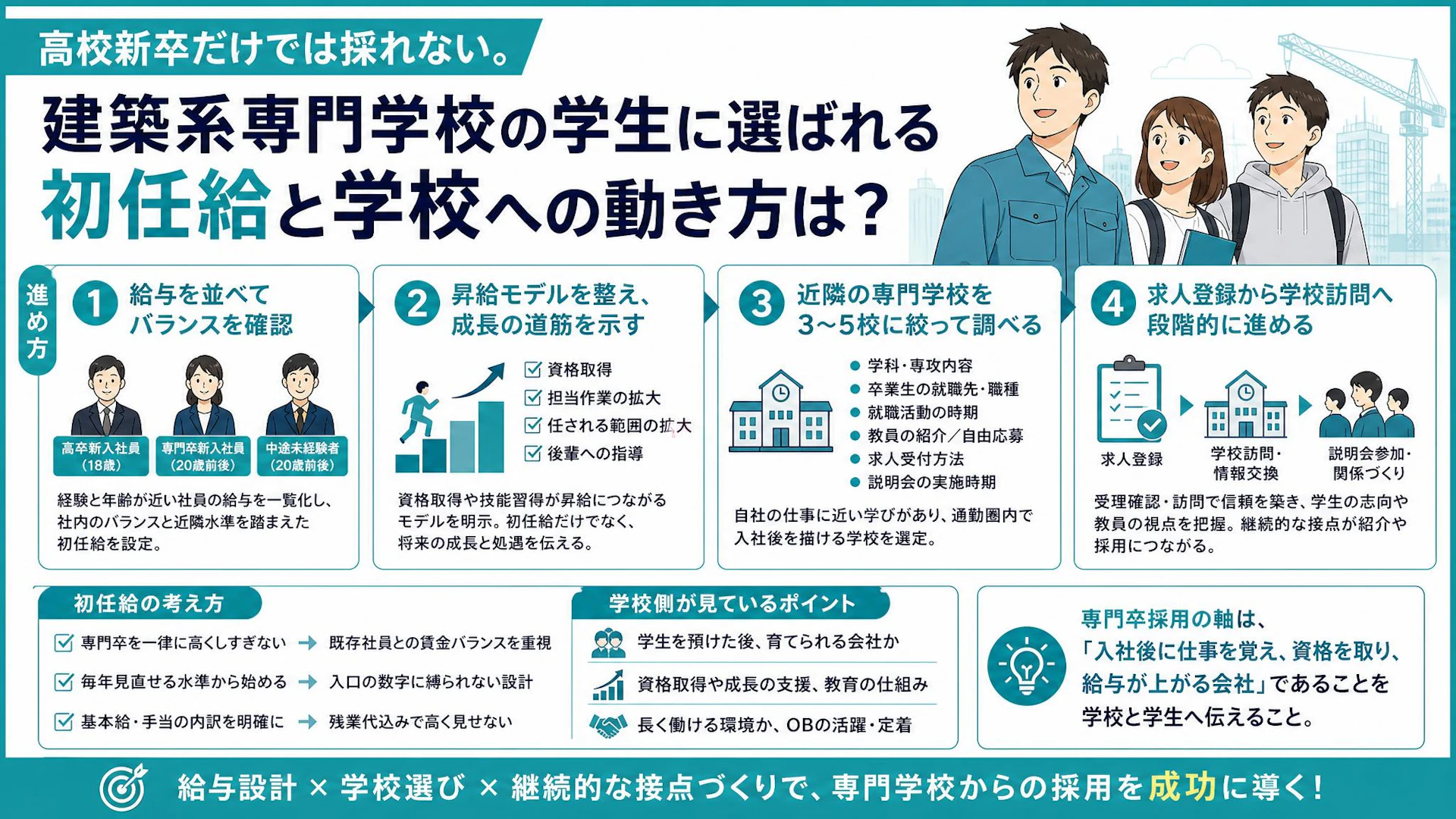 専門卒の初任給はいくらにする？高卒・中途との賃金差から考える建設業の専門学校採用
