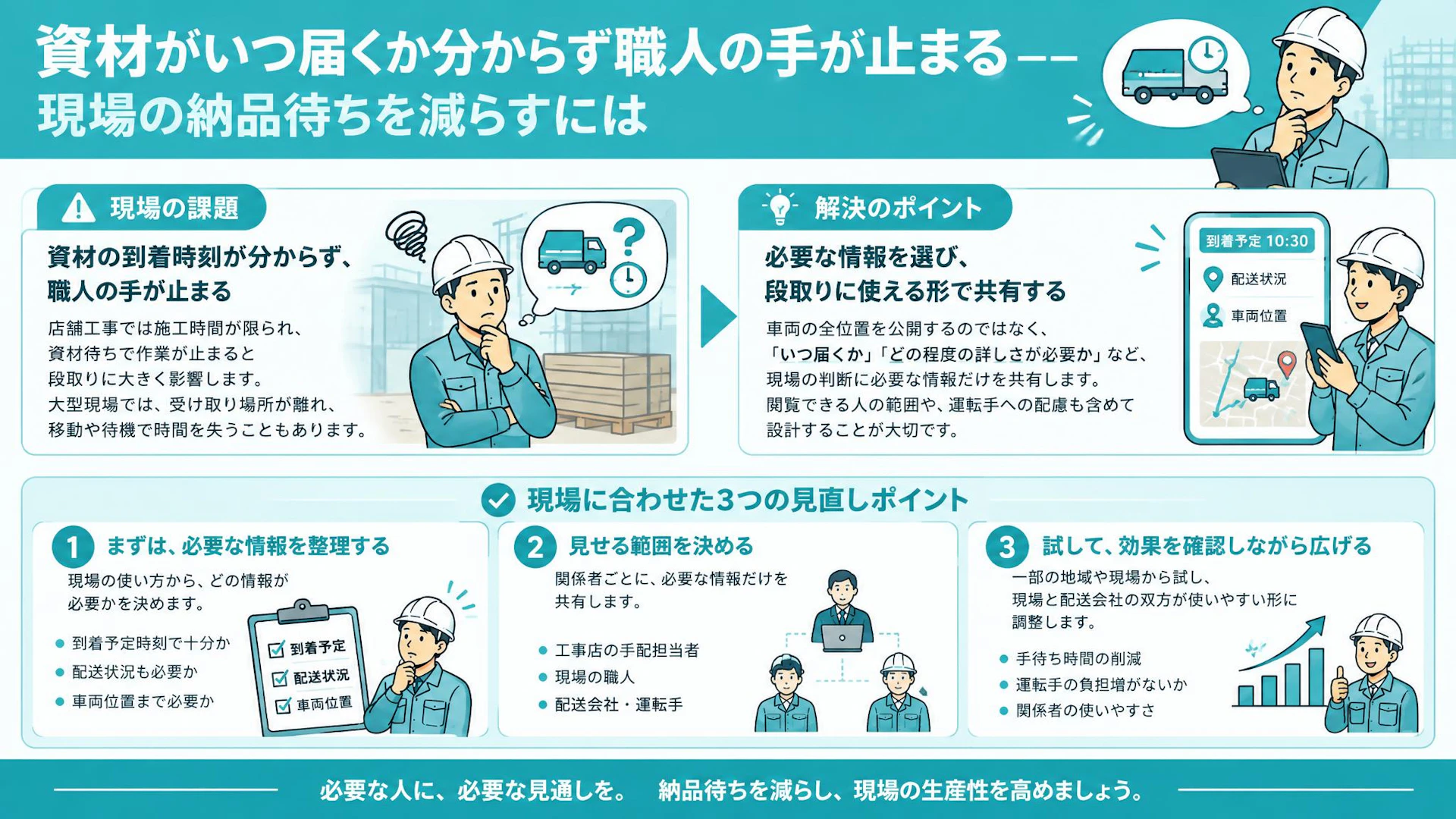 「資材が来ず、職人の手が空く」建材配送の到着予定を段取りに使うには