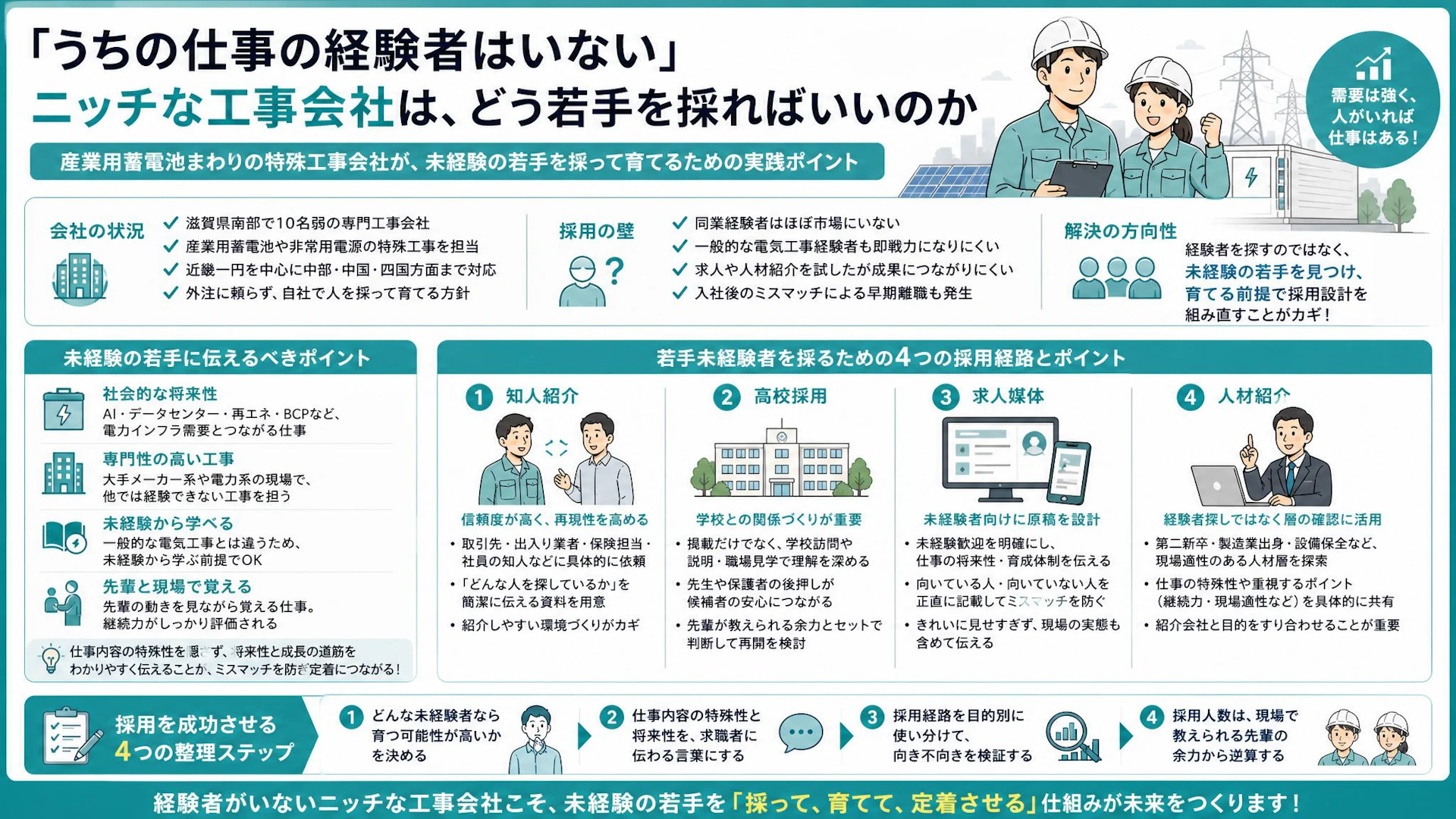 経験者が市場にいない特殊電気工事会社の採用戦略｜「増えたら仕事はある」を若手採用につなげる方法