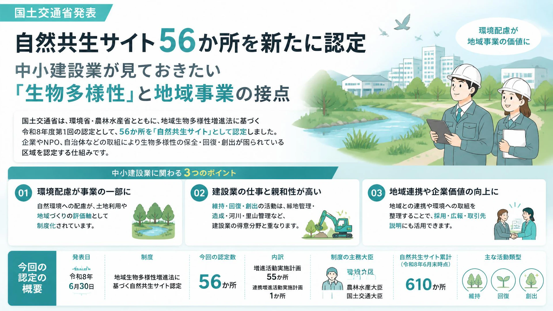 自然共生サイト56か所を新たに認定　中小建設業が見ておきたい「生物多様性」と地域事業の接点
