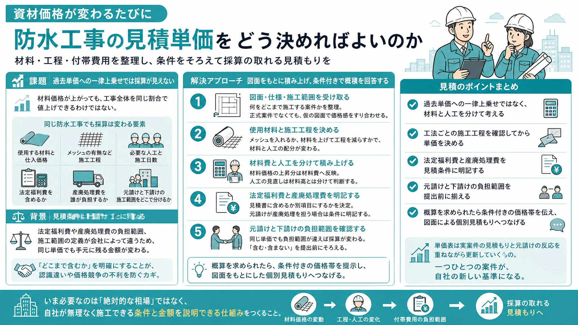 防水工事の見積もり、過去単価に一律15％上乗せでいいのか？材料・人工・付帯費用の決め方