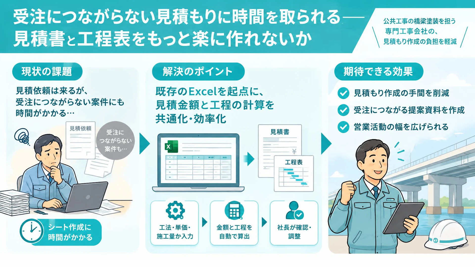 「空振りの見積もりも多い」橋梁塗装会社がExcelで見積書・工程表の作成負担を減らすには