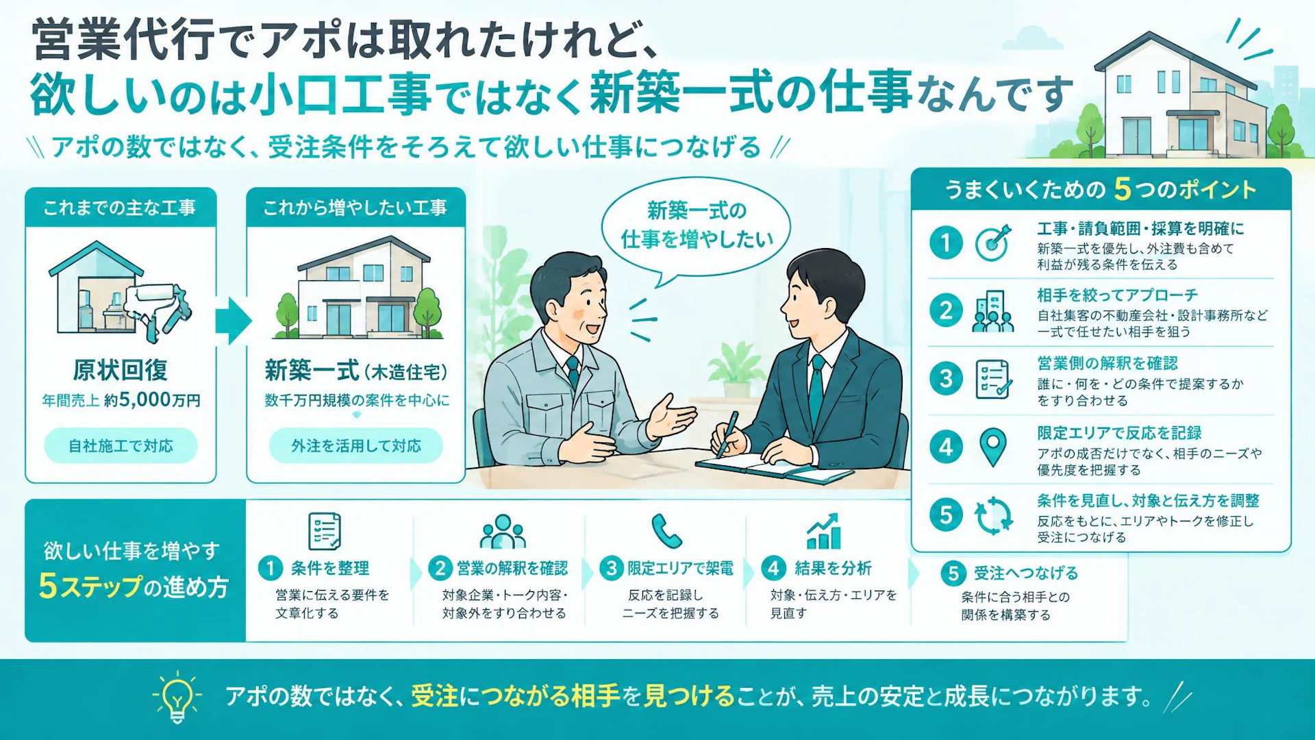 営業代行でアポは取れたのに、欲しい仕事と違う—新築一式の受注条件をどう伝えるか