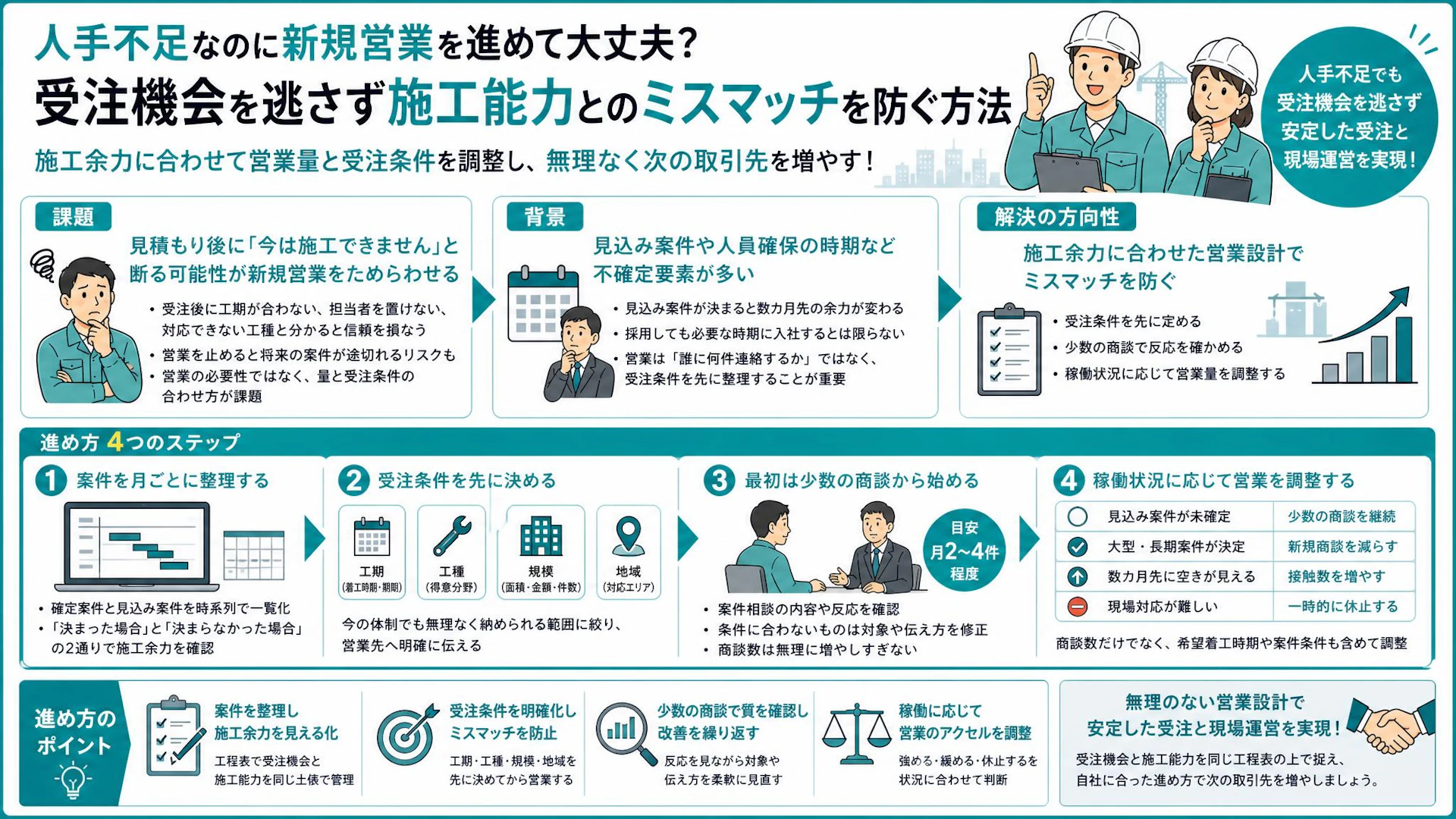人手不足でも新規営業は止めない。「受け切れない」を防ぐ施工余力別の受注設計