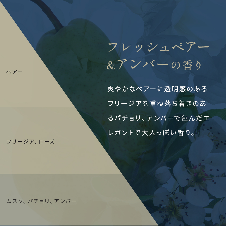 フレッシュペアー&アンバーの香り 爽やかなペアーに透明感のあるフリージアを重ね落ち着きのあるパチョリ、アンバーで包んだエレガントで大人っぽい香り。 ペアー フリージアローズ ムスクパチョリアンバー