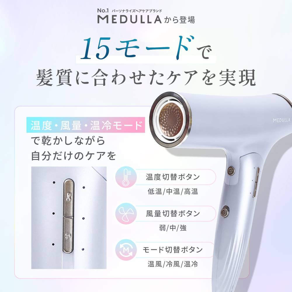 NO.1パーソナルヘアケアブランドMEDULLAから登場　15モードで髪質に合わせたケアを実現　温度・風量・温冷モード　で乾かしながら自分だけのケアを　温度切り替えボタン低温中温高温　風量切替ボタン弱中強　モード切替ボタン温風冷風温冷