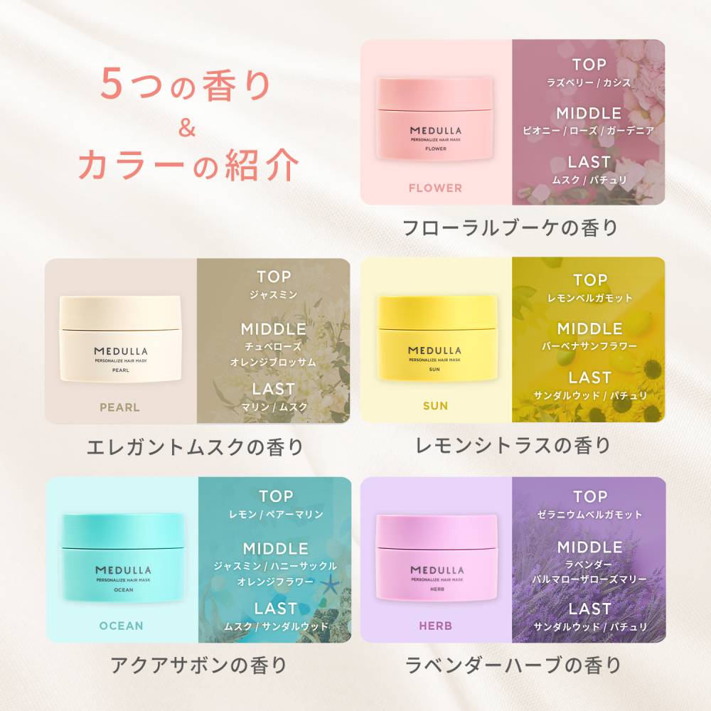 5つの香り&カラーの紹介 フローラルブーケの香りTOPラズベリー/カシス MIDDLEピオニー/ローズ/ガーデニア LASTムスク/パチュリ エレガントムスクの香り TOPジャスミン MIDLLEチュペローズ/オレンジブロッサム LASTマリン/ムスク レモンシトラスの香り TOPレモンベルガモット/バーベナサンフラワー LASTサンダルウッド/パチュリ アクアサボンの香り TOPレモン/ペアーマリン MIDDLEジャスミン/ハニーサックル/オレンジフラワー LASTムスク/サンダルウッド ラベンダーハーブの香り TOPゼラニウムベルガモット MIDDLEラベンダー/パルマローザローズマリー LAST サンダルウッド/パチュリ