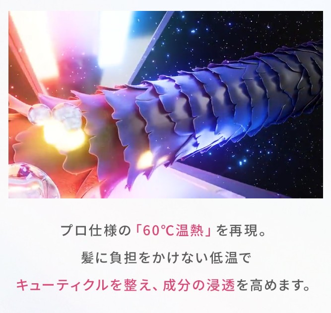 プロ仕様の「60℃温熱」を再現。髪に負担をかけない低温でキューティクルを整え、成分の浸透を高めます。