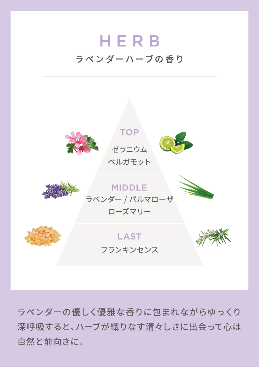 HERB ラベンダーハーブの香り。TOP ゼラニウム、ベルガモット。MIDDLE ラベンダー、パルマローザ、ローズマリー。LAST フランキンセンス。ラベンダーの優しく優雅な香りに包まれながらゆっくり深呼吸すると、ハーブが織りなす清々しさに出会って心は自然と前向きに。