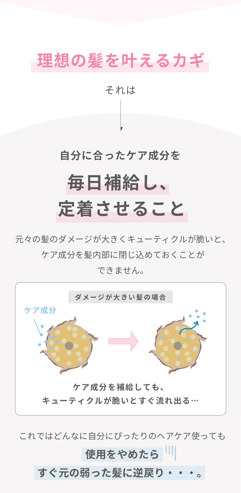 理想の髪を叶える鍵。それは自分に合った成分を毎日補給し、定着させること。元々の髪のダメージが大きくキューティクルがもろいと、ケア成分を髪内部に閉じ込めておくことができません。ダメージが大きい髪の場合、ケア成分を補給してもキューティクルが脆く、すぐ流れ出てしまう。これはどんなに自分にぴったりのヘアケアを使っても使用をやめたらすぐ元の弱った髪に逆戻り・・・。