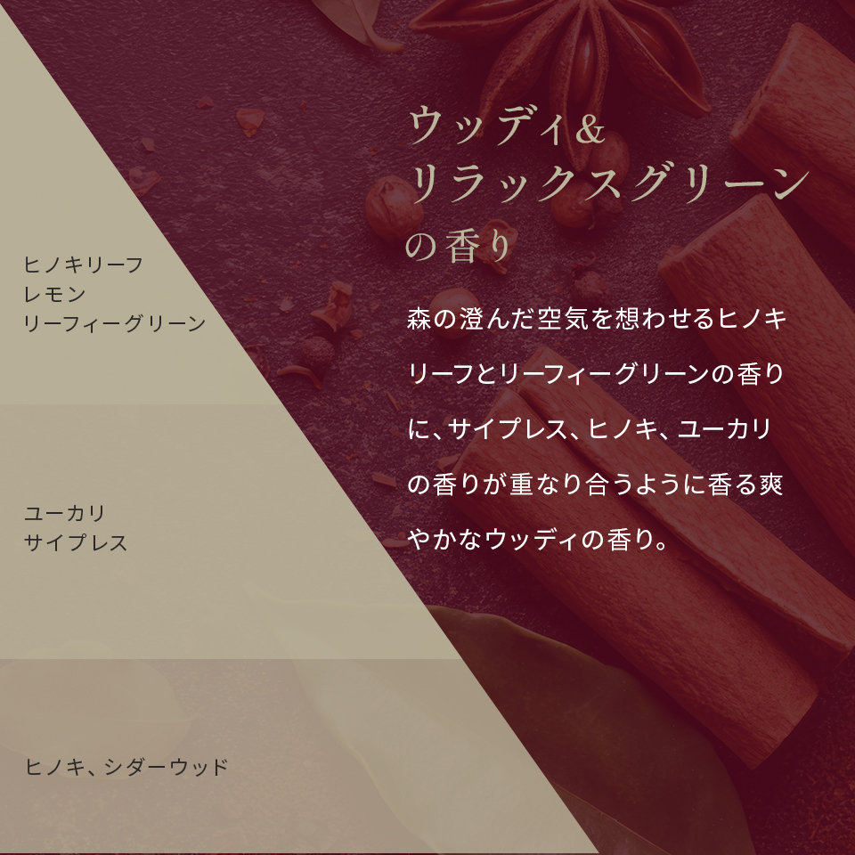 ウッディ&リラックスグリーンの香り 森の澄んだ空気を想わせるヒノキリーフとリーフィーグリーンの香りに、サイプレス、ヒノキ、ユーカリの香りが重なり合うように香る爽やかなウッディの香り。 ヒノキリーフレモンリーフィーグリーン ユーカリサイプレス ヒノキシダーウッド