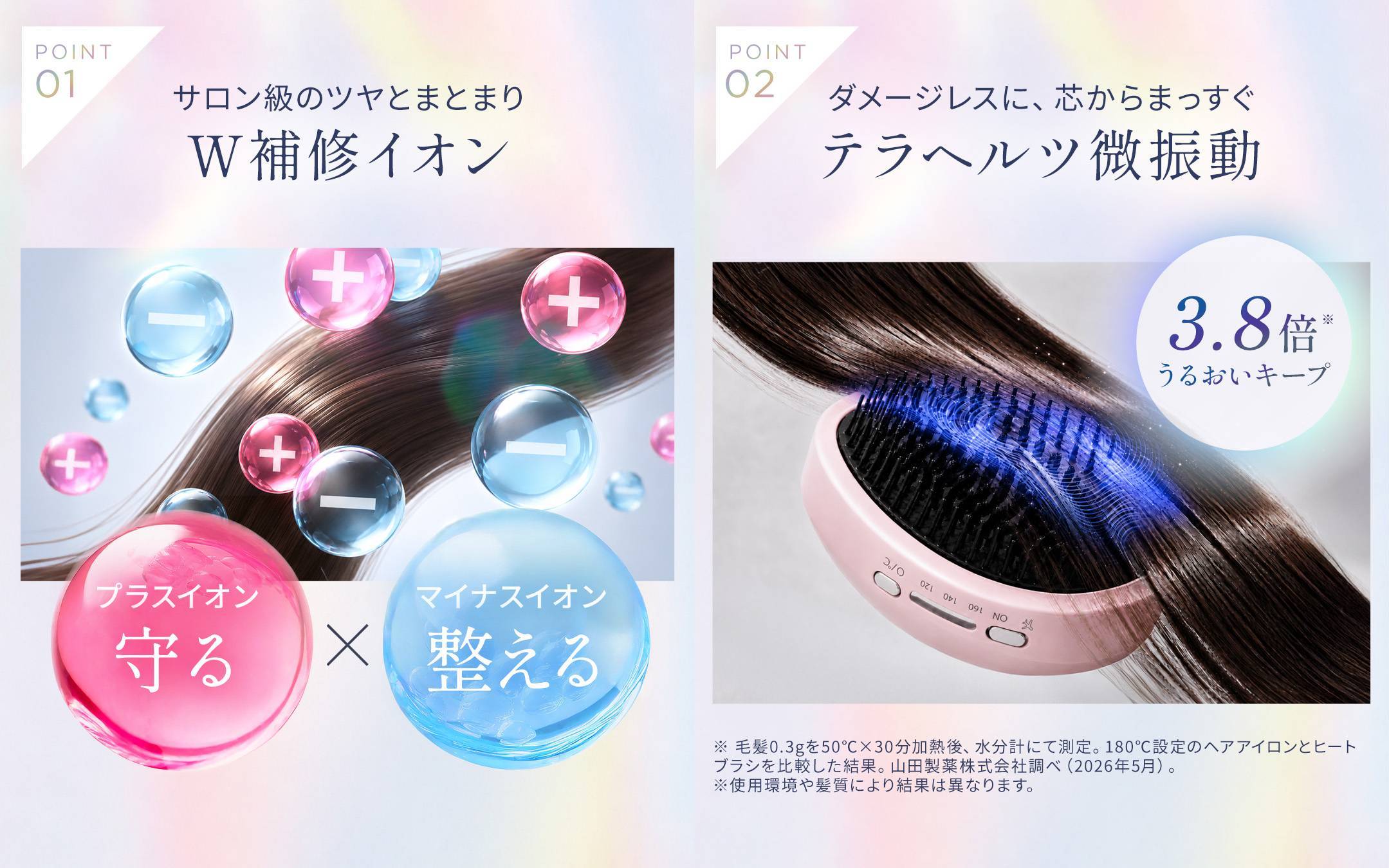 POINT1サロン級のツヤとまとまりW補修イオン　プラスイオン守る×マイナスイオン整える　POINT2ダメージレスに、芯からまっすぐテラヘルツ微振動3.8倍うるおいキープ