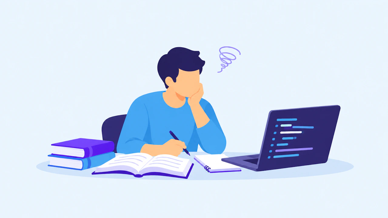 参考書とノートPCを前に、勉強の進め方を悩んでいる人