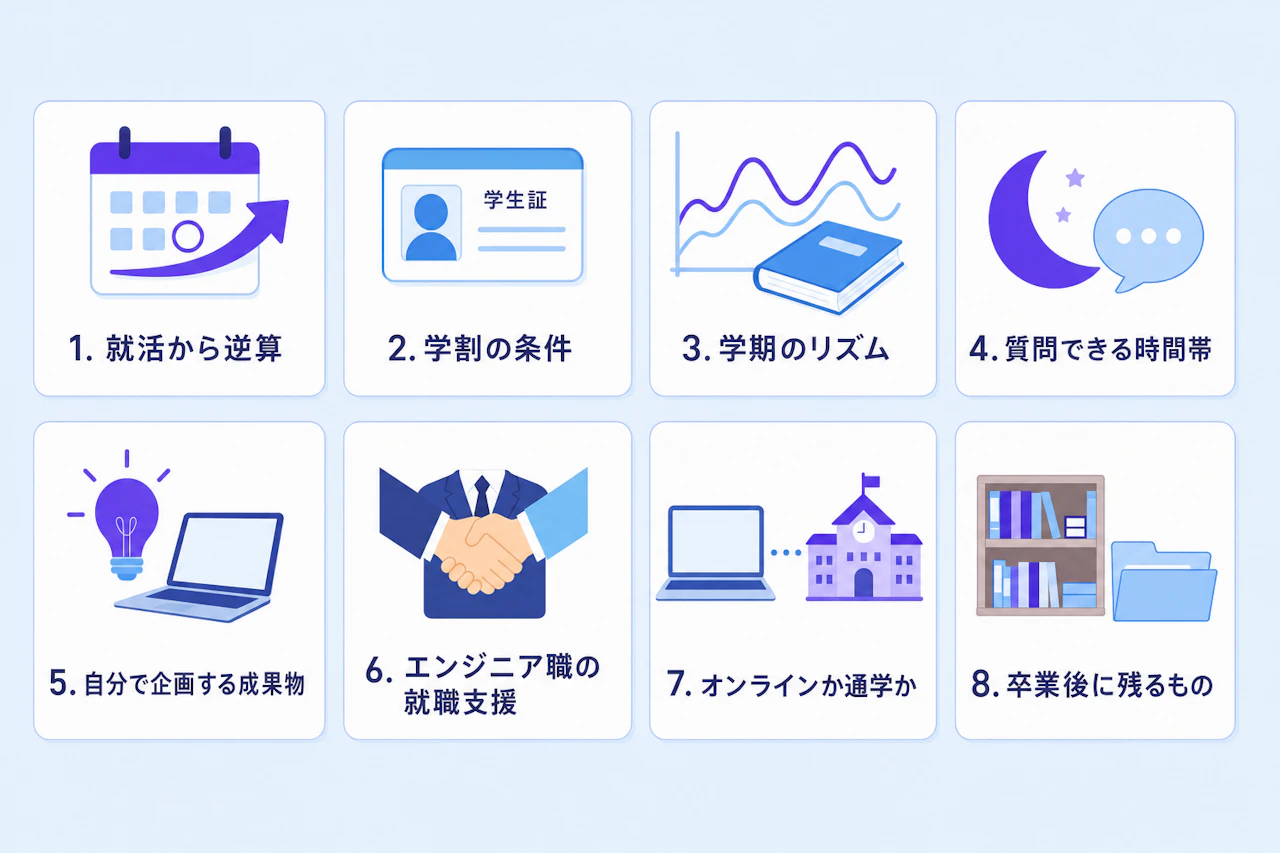 大学生向けプログラミングスクールの選び方8つの基準：就活から逆算、学割の条件、学期のリズム、質問できる時間帯、自分で企画する成果物、エンジニア職の就職支援、学習形態、卒業後に残るもの