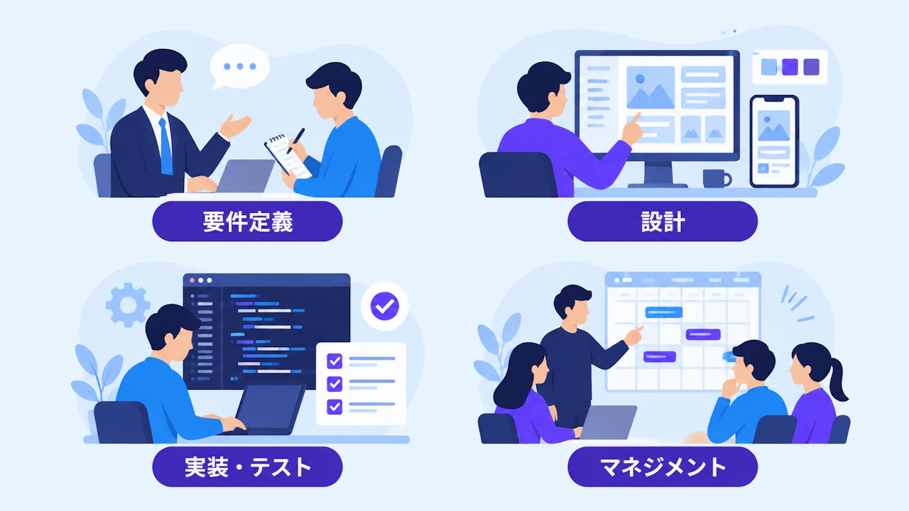 SEの業務を要件定義、設計、実装・テスト、マネジメントの4領域で表した図
