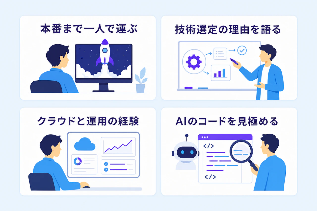 フルスタックエンジニアの提示年収を左右する4つの経験：本番環境まで一人で運んだ経験、技術選定の理由の言語化、クラウドと運用の一次経験、生成AIが書いたコードを判断する力
