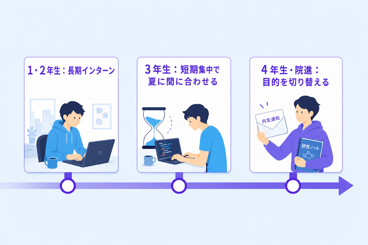 学年別のプログラミングスクールの使い方：1・2年生は長期インターン、3年生は短期集中で夏に間に合わせる、4年生・院進予定者は目的を切り替える