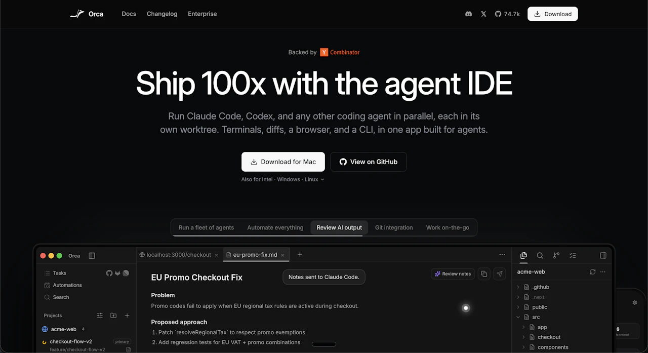 Orcaの公式サイト(onorca.dev)のトップページ