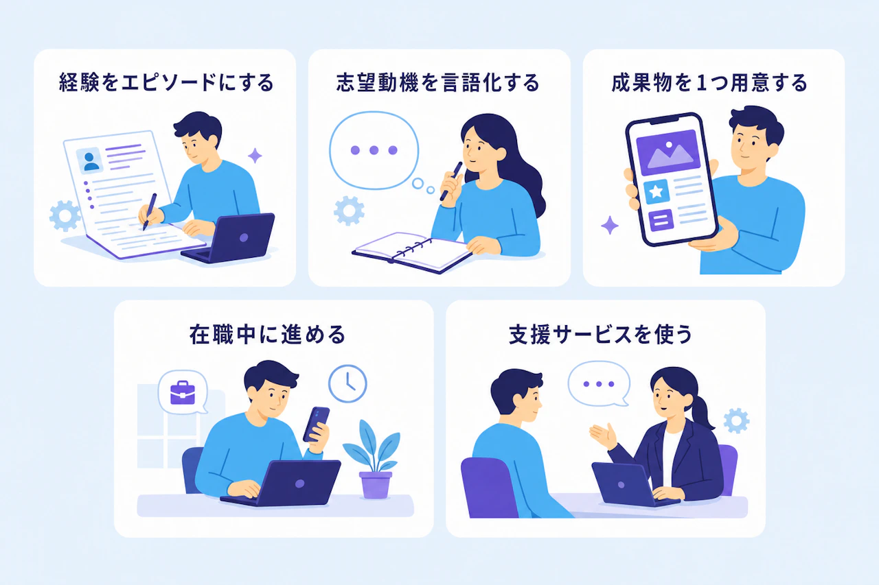 30代の未経験エンジニア転職を成功させる5つのポイント：経験をエピソードにする、志望動機を言語化する、成果物を用意する、在職中に進める、支援サービスを使う