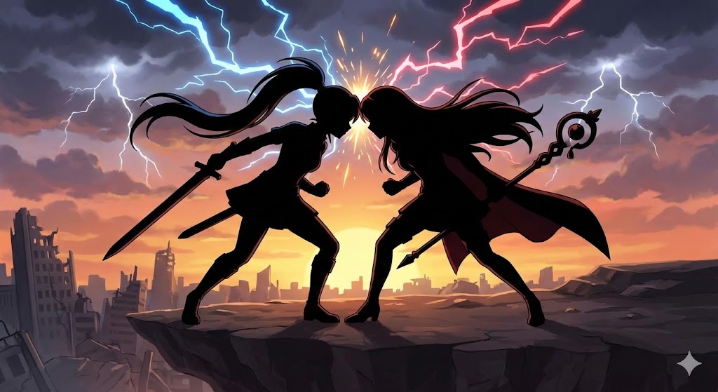 二人のキャラクターが額を突き合わている。背景には雷がとどめている