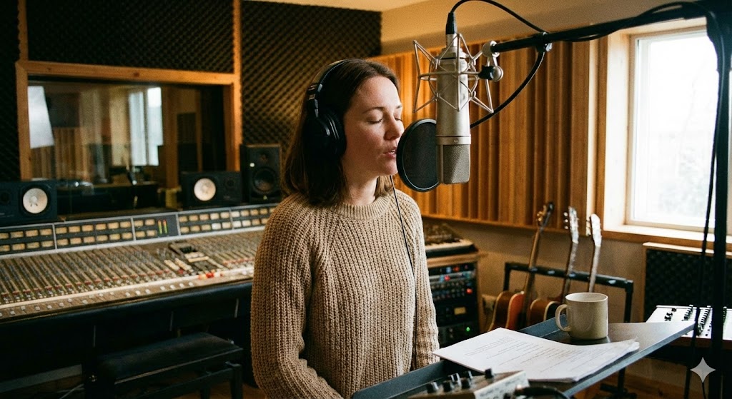 女性がスタジオでレコーディングをしている