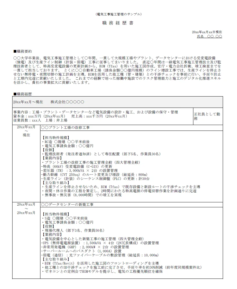 電気工事施工管理の職務経歴書_前半