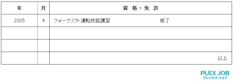 履歴書にフォークリフト免許を書いた見本2