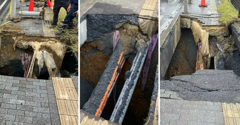 メンテナンス不足の影響で道路が陥没していることを示す写真