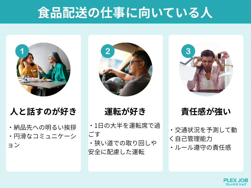 食品配送の仕事に向いている人。①人と話すのが好き、②運転が好き、③責任感が強い。