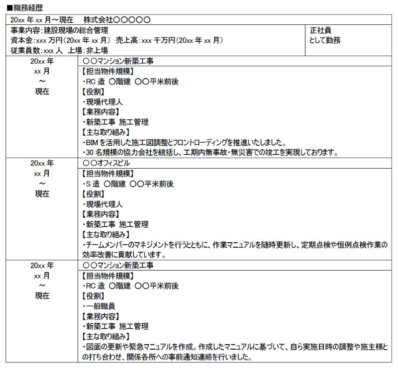建築施工管理の職務経歴書の職務経歴