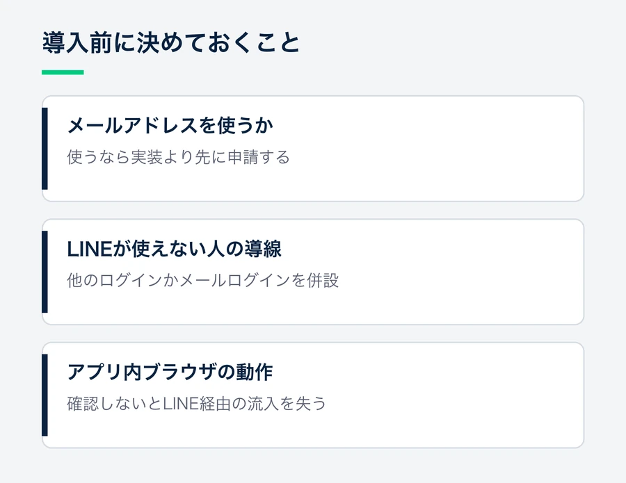 メールアドレスを使うかどうか、LINEが使えない利用者の導線、アプリ内ブラウザでの動作確認という導入前に決める3点をまとめた図。
