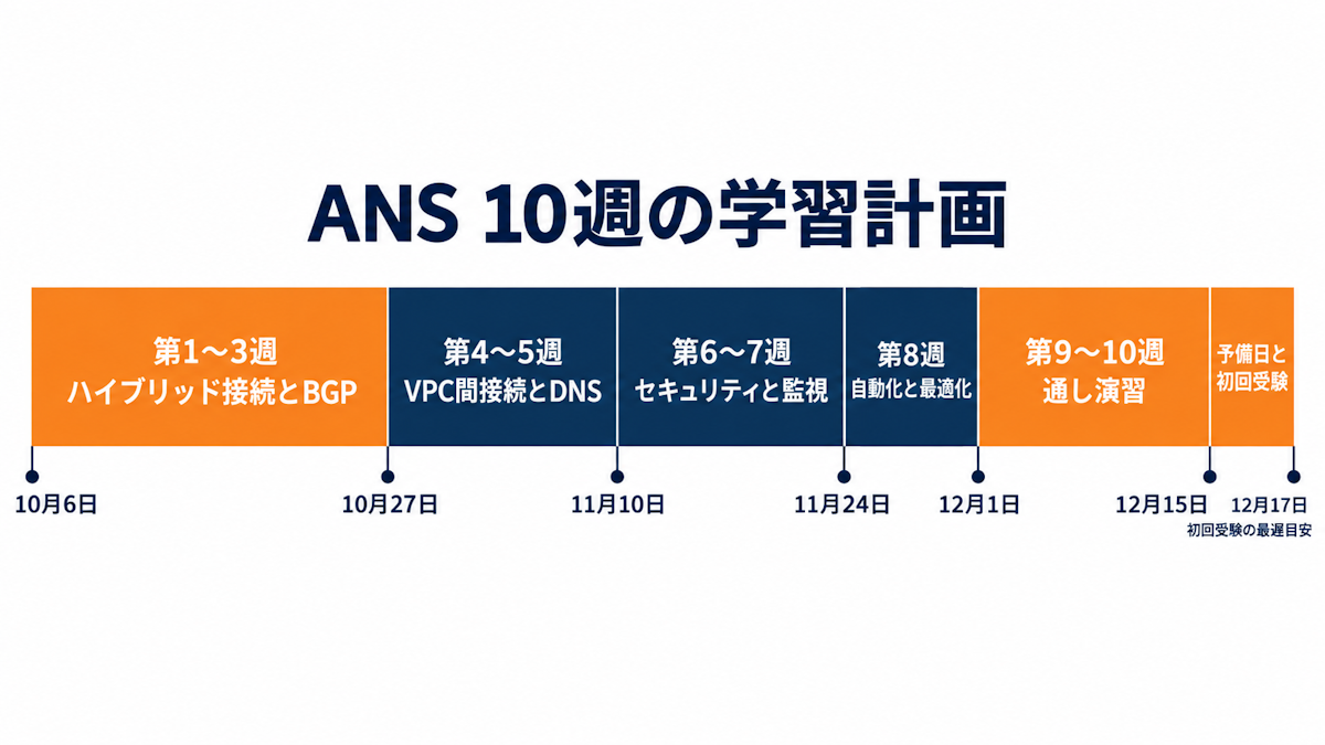 AWS ANSの10週の学習計画を分野ごとに分けたタイムライン