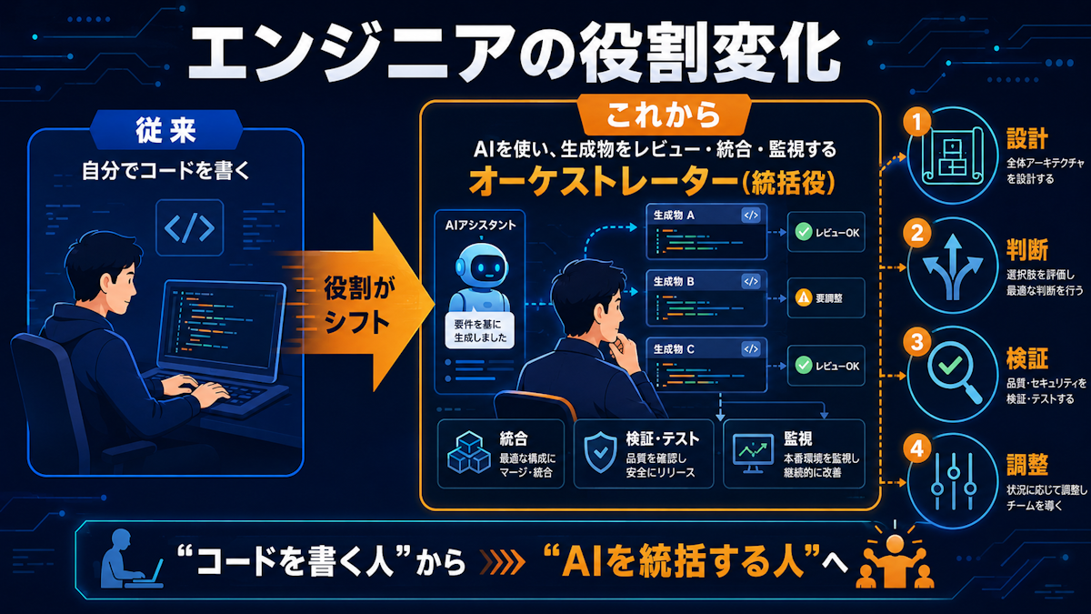 エンジニアの役割がコード作成から統括・調整役へ変化することを示した図