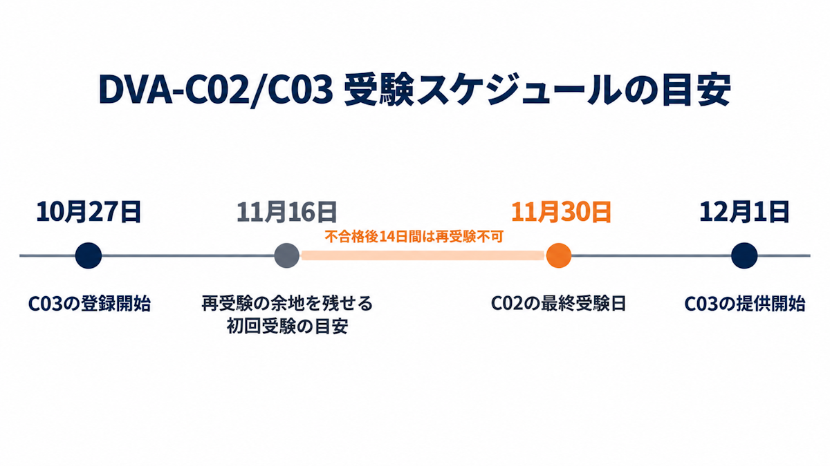 DVA-C02からDVA-C03への切り替え日程と再受験の余裕を示したタイムライン