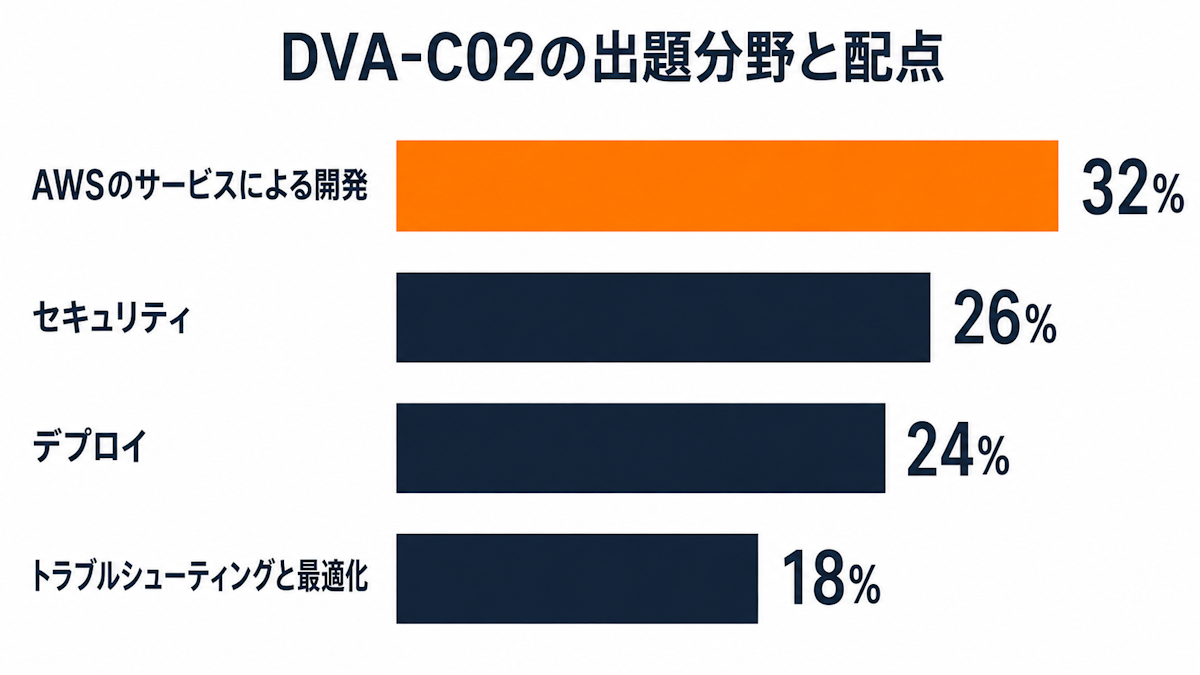 DVA-C02の4つの出題分野と配点比率を示した横棒グラフ