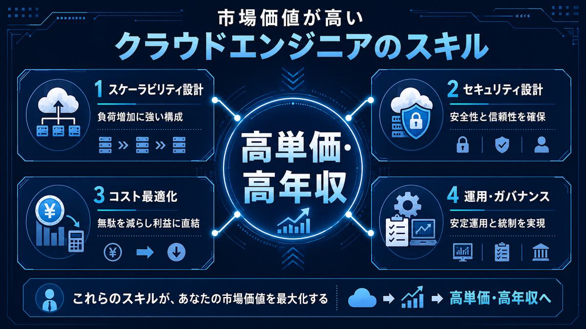 市場価値の高いクラウドエンジニアに求められるスキルを示した図