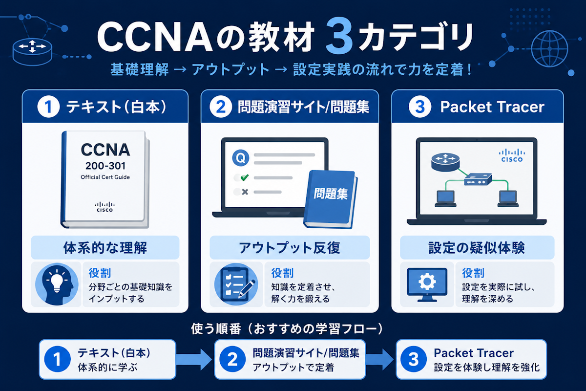 CCNA学習で使う3種類の教材(テキスト・問題演習・シミュレータ)を示した図