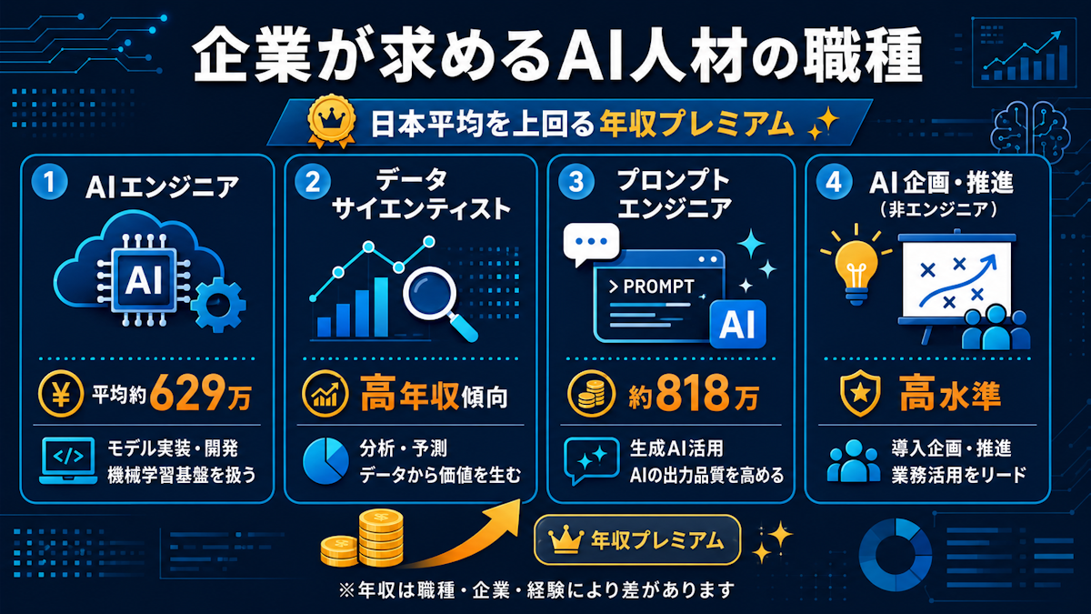 企業が求めるAI人材の職種と年収プレミアムを示した図