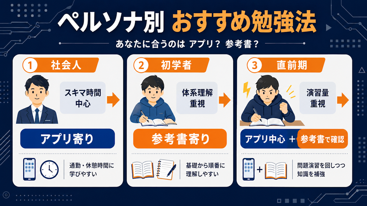 学習タイプ別に問題集アプリと参考書の向き不向きを示した図