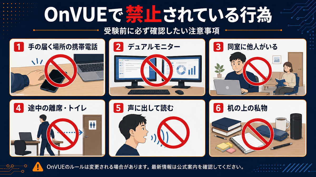 OnVUEオンライン受験で禁止されている行為を示す図