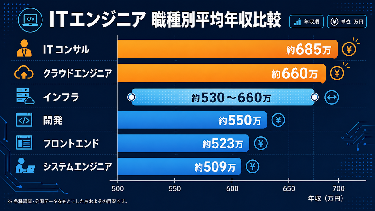 ITエンジニアの職種別平均年収を比較した横棒グラフ
