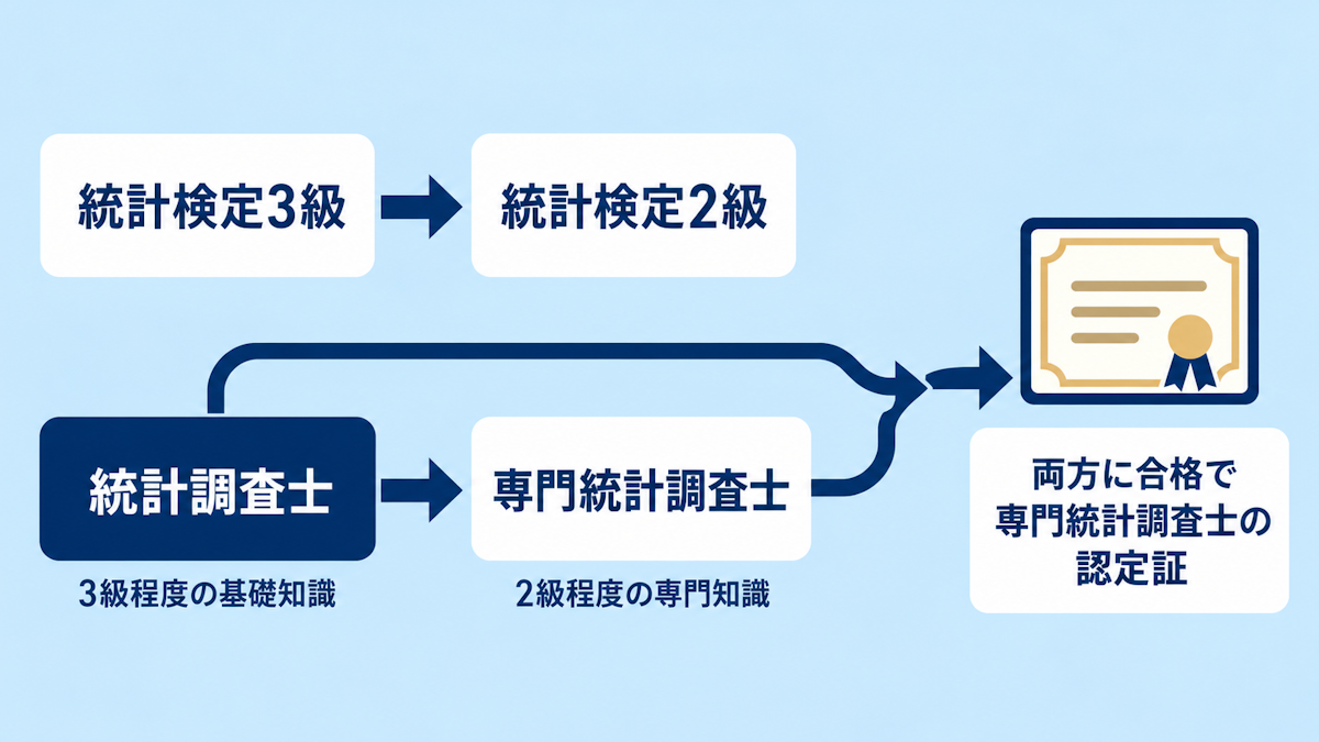 統計検定3級・統計調査士・統計検定2級・専門統計調査士の位置づけと専門統計調査士認定までの流れ